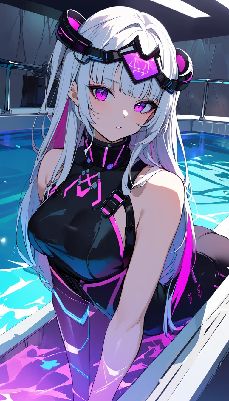 (absurdres, 8k, 4k, masterpiece, hyper extreme detailed:1.2), solo, 1girl, side view portrait, best quality, expressive eyes, perfect face, 1girl, portrait, solo, Female, mature female, adult, silver hair, brown eyes, light smile, birds, small bust, long hair, straight hair, drawing, swept bangs, cowboy shot, half body, silver hair, expressive eyes, perfect eyes, cafe background, glasses, artist, artistic, creative, creativity, passion, passionate, friendly, sitting down, beach background, blue skies, sun, clouds, per_azura, light smile, purple swimsuit, bikini, swimwear, anklet, mouth veil, jewelry, two piece swimsuit, black veil, waves, bound, bondage, (arms behind back:1.4), bdsm, tape gag, tape, tape bondage, restrained, tape wrapped, wrap gag, bondage, taped wrists, taped breasts, taped mouth, taped elbows, taped forearms, standing up, 1girl, taped thighs, taped ankles, tape gagged, wrap gag,