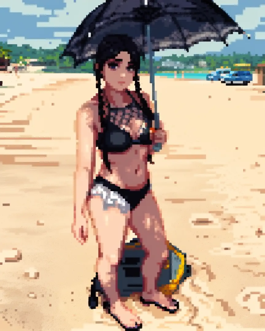 a bikini woman standing on the side of a bridge with her back to the camera