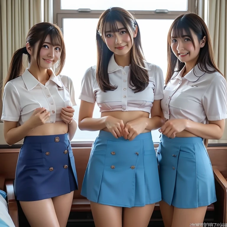 (Masterpiece, Professional lighting, 16k, 8k wallpaper, raw photo, photorealistic:1.8, ultra detailed, natural gentle lighting, detailed skin, detailed face, detailed eyes, textured skins, cinematic composition, detailed background:1.2 ), (High school girls inside bed room:1.4, luxury furniture, feminine negligee:1.1 cleavage), looking at viewer, Shy face, shy, embarrassed, grin:0.7, silky skins, no makeup, glossy lips, group shot, (identical school uniform, silky white, see through:0.9), (naked :0.3), (3 girls:1 perfect style, slender), ((attractive feminine body)), laced bra, silky panties, ((wearing identical seifuku, spread legs, pleated skirt, highthigh, blouse, see through, roafur))