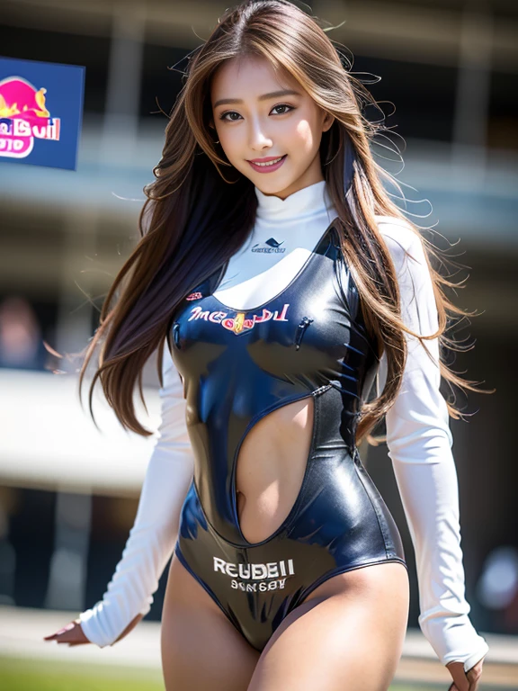{High-gloss silver patent leather},Leggings have a super strong design,Exquisitely carved openwork,Sharp and slender body,Blue pupils,Hot figure,{Highlight the essentials},with long coiled hair,Dress up stylishly,Fair and flawless skin,is very beautiful,{{Huge_breast enhancement}},{{{black_Stockings}}},shiny oil,Charming racing girl,Race track,Red Bull Racing