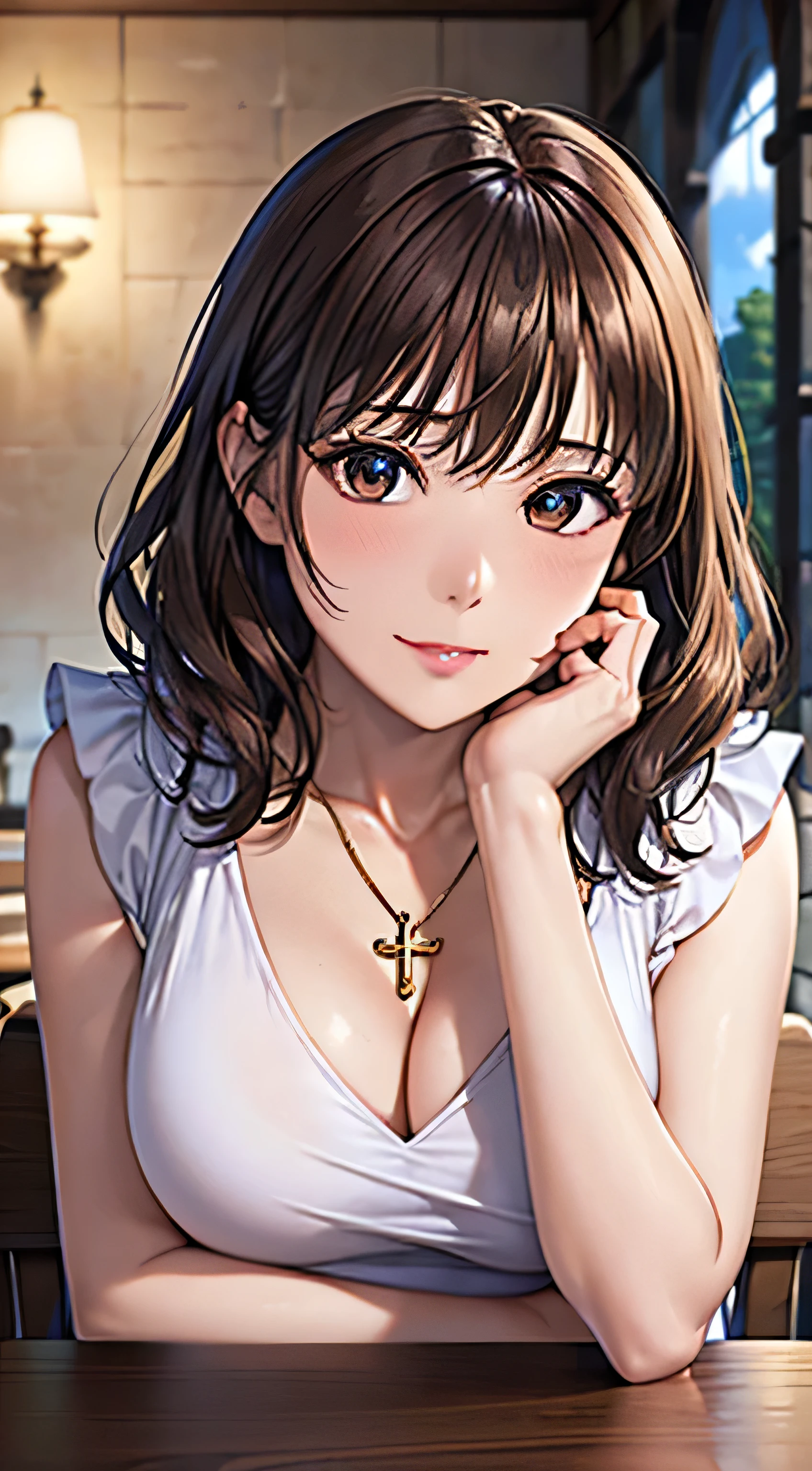 ((Tabletop, Highest quality, High resolution, , Pixel Perfect, 4K,))), 1 female, 、The whole body is visible、 ((Long Wavy Hair, bangs, Brown Hair)), ((Brown eyes, Beautiful eyelashes, Realistic eyes)), ((Detailed face, Blushing:1.2)), ((Smooth texture:0.75, Realistic texture:0.65, Realistic:1.1, Anime CG Style)), Medium sized breasts, Dynamic Angle, Perfect body, (( , , Beautiful priest、、 Priest off-shoulder jacket、Priest Flare Skirt、、)), Gold Hair Ornament、Cross Necklace、、Very embarrassing panic smile, 、In front of the shower room、look back、、Nipples are slightly visible、、Pink lace panties visible、、、、 、Angle from below)、