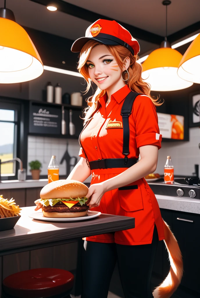 Cute woman, fast food worker, restaurant named 'Bimbos', all the food is boob themed. Staff in bikinis and high heels