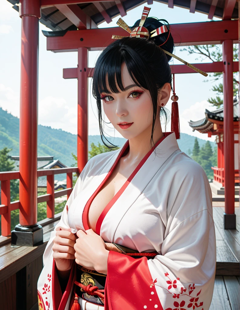 best quality, tmasterpiece,Ultra-high resolution,Clear face,(Reality:1.4),ferpect lighting,(upper body shot), (photorealistic:1.50), anime wallpaper, Guviz style artwork, cover-up fantasy up to magic , by Yang J, Guviz, beautiful artwork illustration, beautiful digital artwork, beautiful digital illustration, Li Song, beautiful anime portrait, art style in Beauvot,1girl,独奏, (black hair;1.5), (hair ornament:1.0), (animal ears:1.5), no expression, (kimono), (black dress), (tight skirt), long hair, purple eyes, mole under the eye, looking at side, (super Giant breasts:1.3), (looking at viwer), garden background, Cherry trees, outdoor,