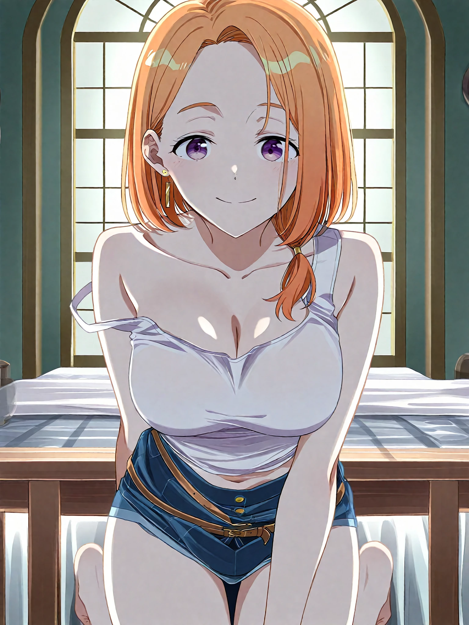 hand \(Chainsaw Man\),, One Girl, only, sit, Redhead, Long braided hair, Golden Eyes,(( show off breast )), Mid-chest, topless, perfect nipple, perfect navel, Perfect collarbone, （White panties）, (just:1.2), look up , (close up:1.3), , Upper Body, Highest quality, Glowing Skin, Highest quality, High resolution, ,
