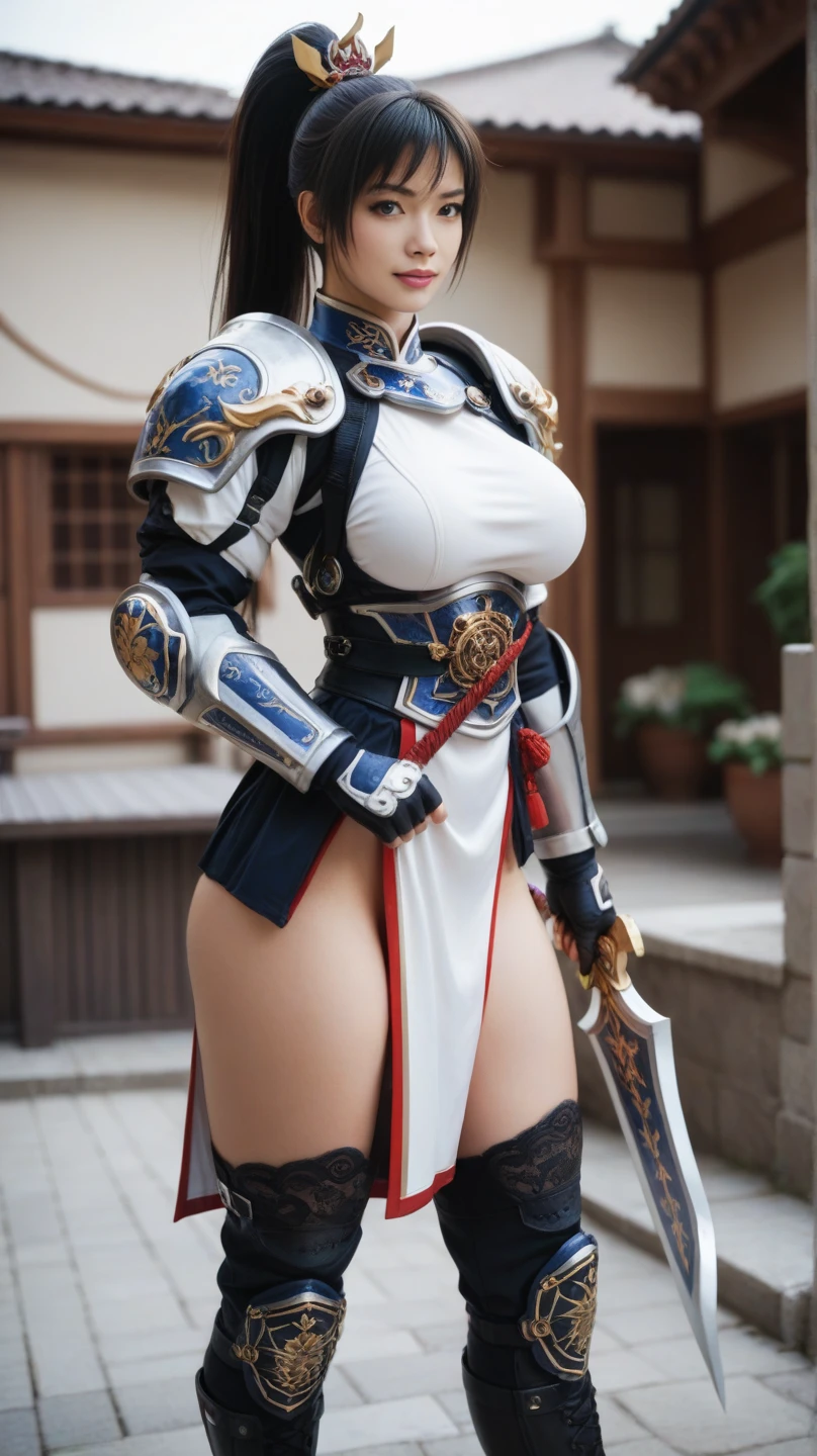 (female Samurai:1.2), (Gigantic breasts:1.4), (Huge breasts:1.4), (Large breasts:1.4), (Big breasts:1.4),
(Masterpiece:1.2), (Samurai warrior princess:1.1), (Sensual:1.3), (Full body shot:1.0), (Sword in hand:1.0), (Armor and obi:1.0),
(Realistic texture:1.4), (High resolution:1.3), (Detailed facial features:1.2),giga_busty