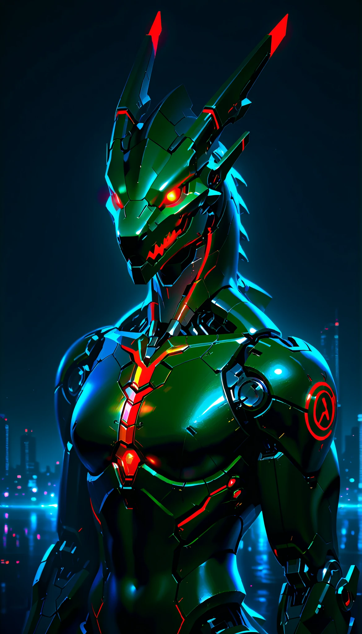 Mechanical Creatures, ((Mechanical Dragon God:1.2, Dragon Body)), Very detailedな, Detailed Mechanism, Smooth range of motion, Exposed mechanical joints, metal texture, Green body, Metal exterior parts, Firearms mounted on the side of the body, Equipped with heavy weapons, Shining Body, Scaly armor parts, Sharp claws, Red glowing eyes, cyber punk, City:1.2, Nocturnal operations, Background Blur:1.4, Surreal, Dramatic lighting, Science fiction, Cinematic composition, (Highest quality:1.2, Very detailed, Attention to detail, digital coloring, High Contrast, masterpiece:1.2, Highest quality, Best aesthetics),