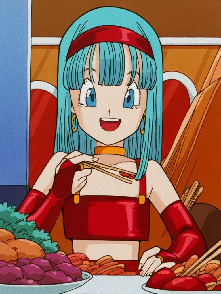 bulla, 1girl, solo, long hair, straight hair, aqua hair, blue eyes, bare shoulders, eyebrows, blunt bangs, eyelashes, fingerless gloves, red hairband, red crop top, red gloves, pointy nose, portrait, elbow gloves, choker, collarbone, anime coloring, 1990s \(style\), retro artstyle, bridal gauntlets, close-up, leather
transparent table, sitting, plate on the table, eating with one hand, spoon in the right hand, masturbating with the left hand, legs apart, masturbating with the left hand, showing panties