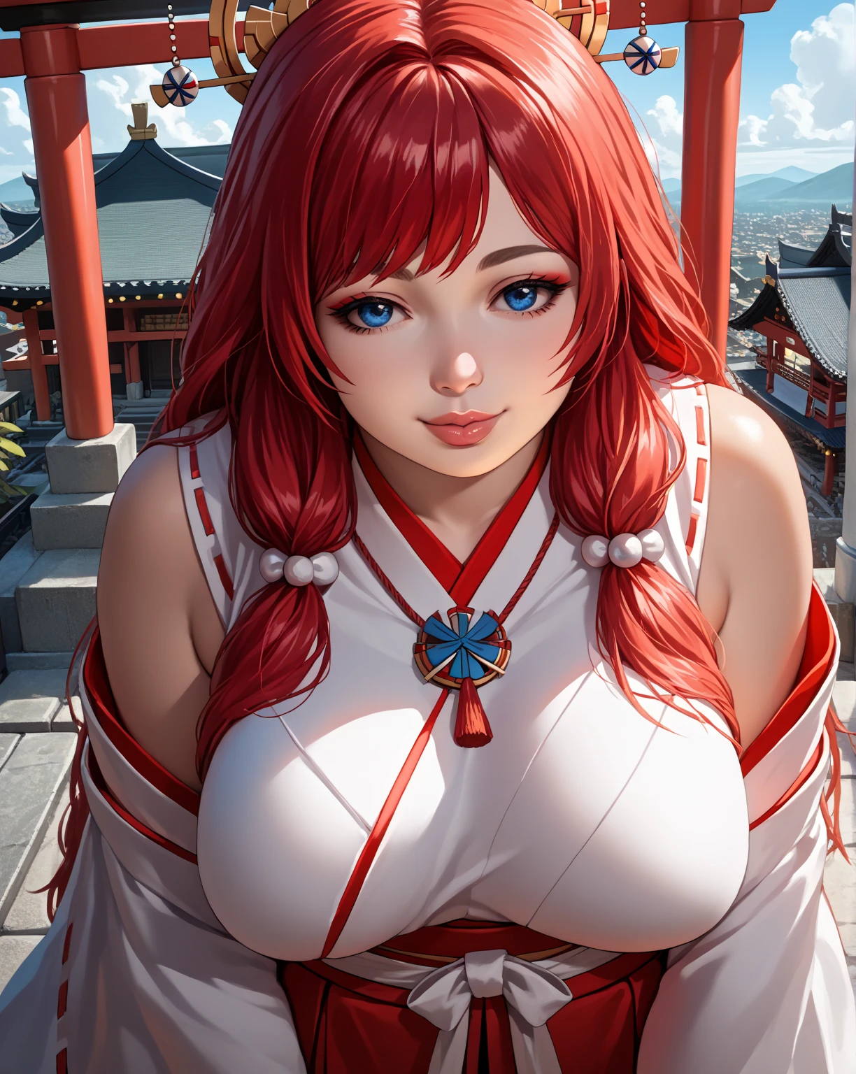 blue eyes, (highest quality, masterpiece painting:1.3), 16 years old, (half body shot), masterpiece, ultra high resolution, (Photoreal:1.0), pink hair, beautiful shining hair, white and shining skin, ((Ultra realistic details)), octane rendering, highly detailed face, (big breasts:0.8),(sexy and cute cheongsam,red and white contrast outfit,delicate decoration:1.2), open neckline, (necklace:1.0),cleavage, perfect body, soft skin, anime face, perfect face, perfect eyes, looking at the viewer, smart, Under autumn leaves tree background, Autumn leaf petals are falling, outdoors,shrine, sharp focus, intricate details, professional artwork, (bright colors:1.1), bright colors, diffused lighting, digital blending, ultra-definition body, ultra detail hair, super detailed face, that&#39;It&#39;s trending on pixiv, top button open, Cute gaze, compensate, perfect lips, perfect compensate, Ultra-precision coating, (light_smile:1.0), (Very embarrassed:0.8),
