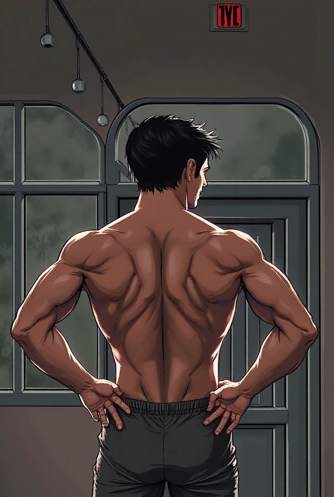 1boy, male focus, ponyzeldris, black hair, short hair, spiked hair, black eyes, red eyes, empty eyes, muscle, back view, Wearing a white shirt, naked, bedroom background