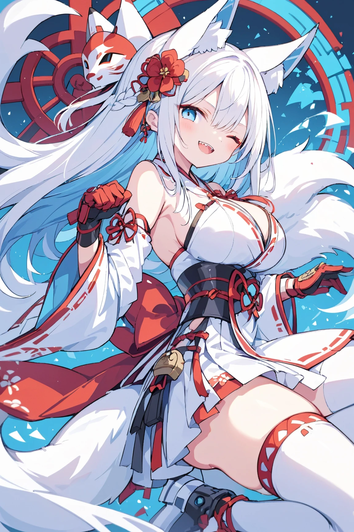 High quality, Masterpiece, Ultra-detailed, White Fox Samurai, Long hair, captivating blue eyes, Holding a katana, Japanese-style armor, Fiery background,onmyoji,onmyoji,NSFW