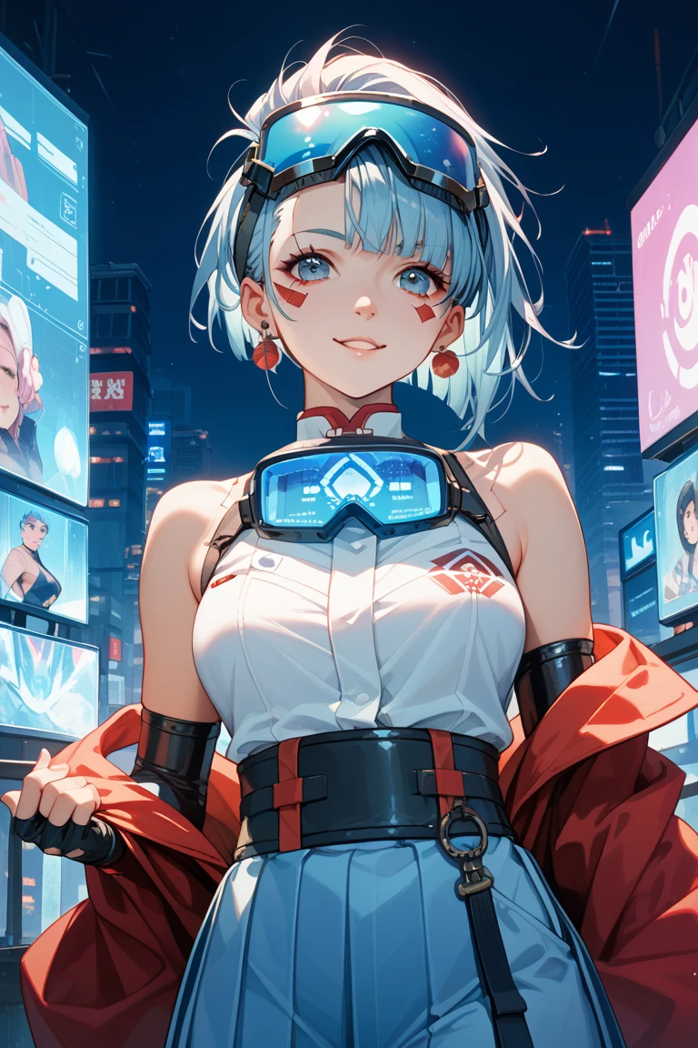 Best quality mode,The picture is fine,8k,Cyberpunk Style,Beautiful teenage girl,White is the main color,Blue is the sub-hue,whaite hair,Blue pupil,Snow-white skin,Dressed in mechs,half-body portrait,Extreme refinement