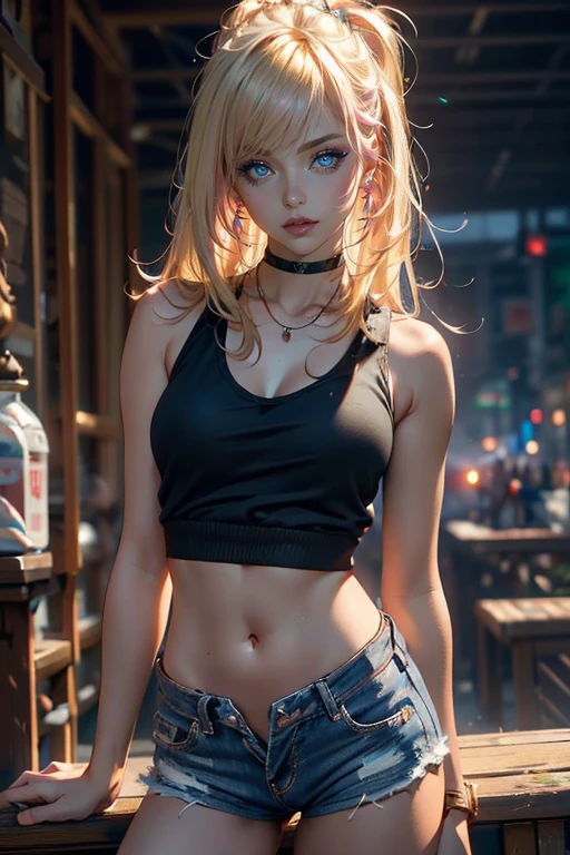 Beautiful woman with wavy blonde hair, delicate and charming blue eyes, thigh notch, sexy long legs, t-shirt in small shorts with superman letter S, cute futuristic cyberpunk + city, mist, damp, rain, best quality masterpiece, realistic, detailed, 8k, HDR, shallow depth of field, wide light, high contrast, backlight, flood, flash, chromatic aberration,  sharp focus, RAW color photo, superman S symbol on the chest.