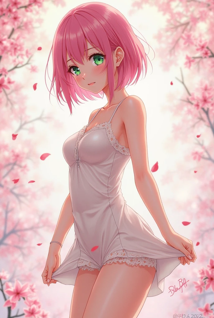 make a feminine anime style boy, with pink hair, light and white skin, pink eyes, delicate features, pink cheeks and lips, thighs, caderas y trasero redondos y mas anchos que sus shoulders, shoulders, arms, small torso and waist and thin, cute clothing
