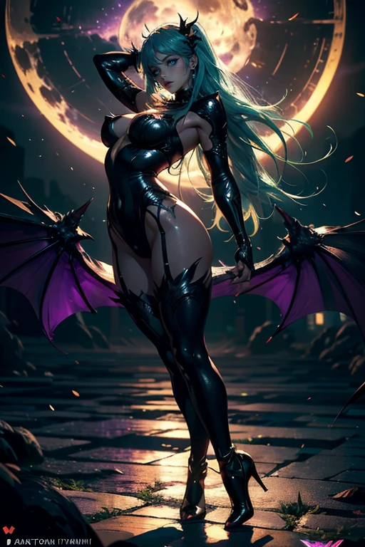 Stormy Daniels as a hyper-giant, Hyper-powerful demon with a demon horn on its head and demon wings, and throws purple lightning bolts at a building, ville en ruine post apocalyptique,