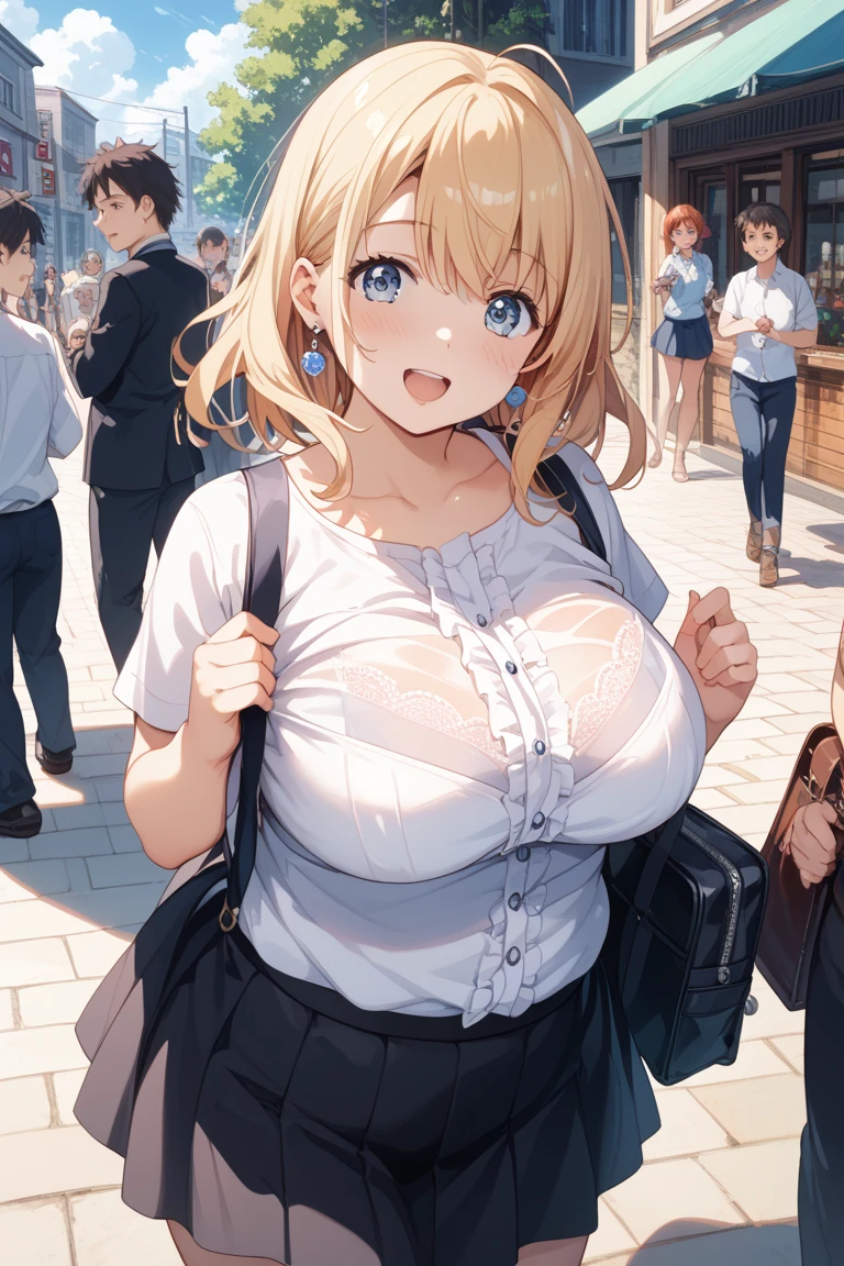 (((Uniform torn and nipples exposed)))、((bra very))、((((feel shy))))、((a blond))、beautiful  Girl、Large beautiful breasts、cleavage of the breast、A slender、オマンコ、(((((seduce lewdly)))))、((Inside the bustling city))、((smil))