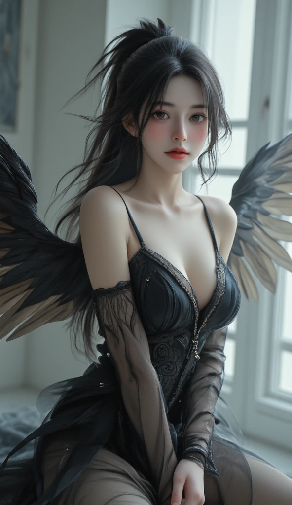 （Front Focus），Surrealist portraits of women by David Hockney and Alphonse Mucha，((Upper body naked))、((Moon Night))、((Engaging pose))、Fantasyart、((A dark-haired))、((Black sexy angel costume))、((Black sexy angel costume))、((Sexy Angel、Clothes with less fabric))、Beautifully embroidered sexy white lace outfit，Decorated with fine embroidered angel costumes and fine jewelry，photographrealistic，dynamic lighting，art  stations，poster for，Volumetriclighting，extra detailed face，4 k''，((shush))、With diamonds，Sexy thighs，exposing the abdomen ,Chest 1 Girl, In the Dark, deepshadow, low tune, Cowboy Shot,(official clothing:1.4), The eyes are confused and seductive，Shining Necklace、short-hair