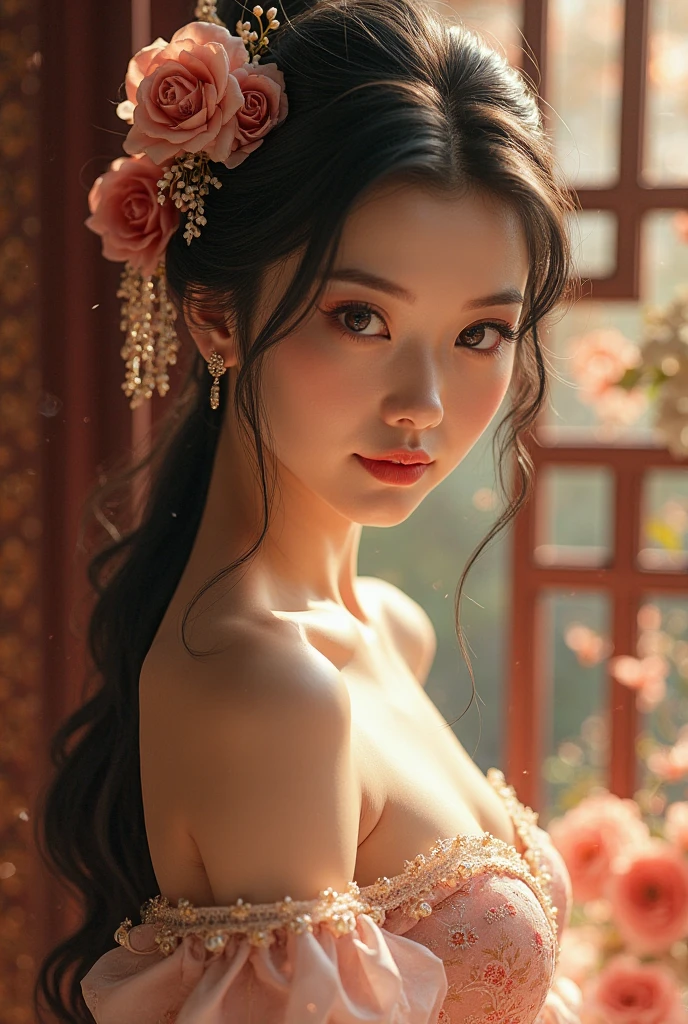 1girl,upper body,fashi-girl,china dress,chinese clothes,hair flower,(masterpiece:1.4),(best quality:1.4),(shiny skin),red lips,looking at viewer,large breasts,parted lips