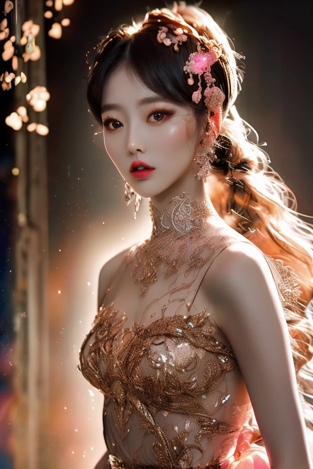 offcial art,统一 8k 壁纸,ultra - detailed,Beauty and aesthetics,big breasts beautiful,tmasterpiece,best qualtiy,(zentangle,datura,Tangles,entangled),dynamic angle,cowboyshot,The most beautiful form of chaos,ellegance,Fauvistdesign,Vivid colors、romanticism lain,The most stunning costumes and perfect figures,Lace pink dress,A crown on the head,Realistic portraits