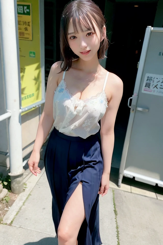 Regular pantyhose、Ultra-detailed、masterpiece、highest quality、超A high resolution、In 8K、high resolution、Real Live Action、Photo-worthy clarity、Detailed eyes、Gradation、Perfect anatomical figure ,hard disk、Hmph , Nikon Z9 80mm Lens 、Tabletop、Cinema Lighting, Physically Based Rendering, Award-winning, Highly detailed skin, Highly detailed face, Beautiful eyes in every detail、White lace high leg lingerie panties、Tiny Panties、Fancy panties、Detailed Panty Pattern、Panty Focus、(((Pink cotton tight mini skirt))), Light orange tank top、Adult female 18 years old, (Beautiful light brown hair, High Ponytail、Looking into the camera、Daytime street、(((Beautifully aligned and white teeth)))、Sparkling eyes、Sparkling eyes、Lips shining with lip gloss、Too bright natural light、Bright sun、
