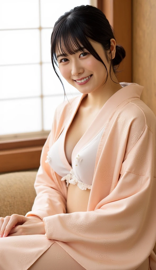 A beautiful woman in a pink yukata and a light blue bra、Japanese
