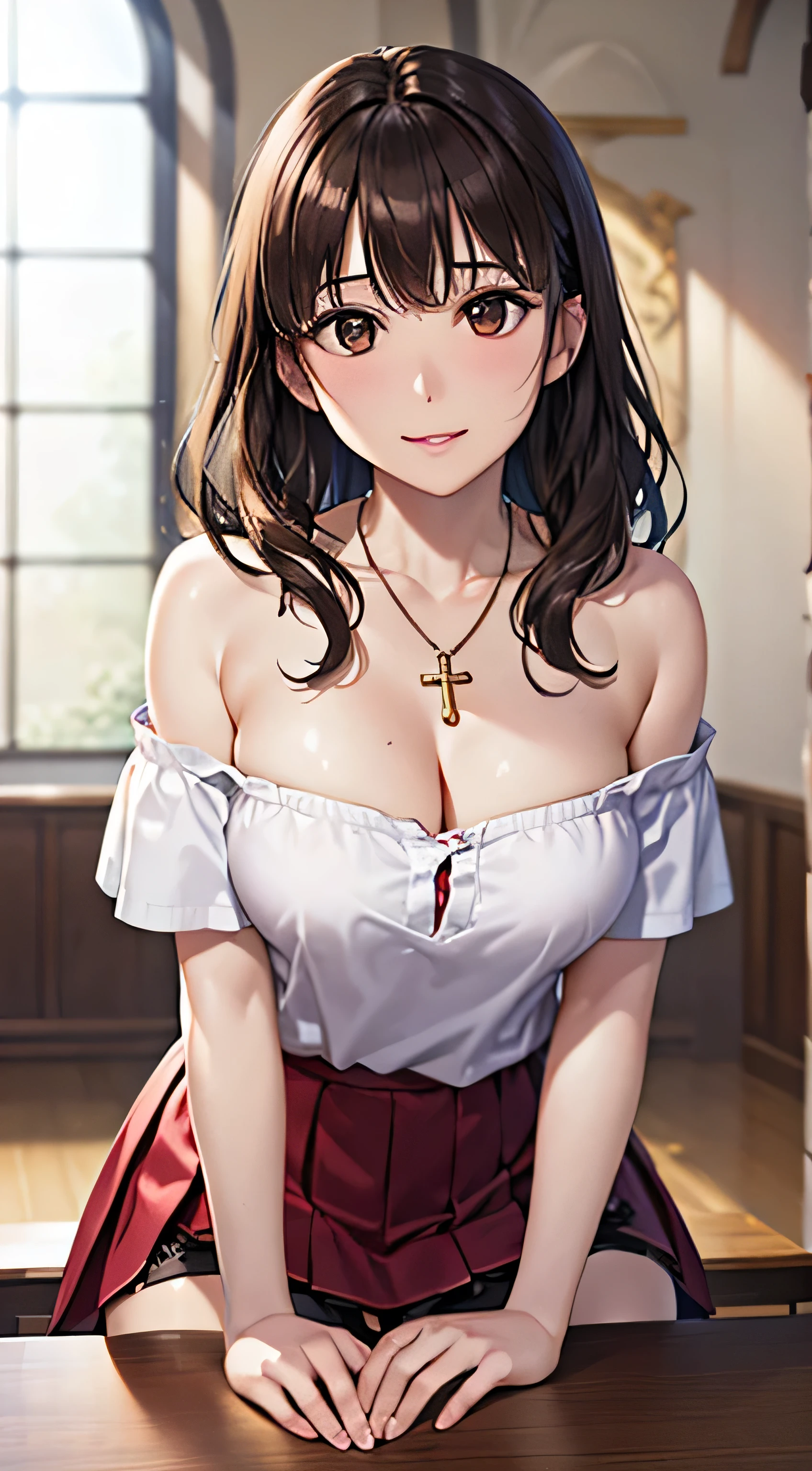 ((Tabletop, Highest quality, High resolution, , Pixel Perfect, 4K,))), 1 female, 、The whole body is visible、 ((Long Wavy Hair, bangs, Brown Hair)), ((Brown eyes, Beautiful eyelashes, Realistic eyes)), ((Detailed face, Blushing:1.2)), ((Smooth texture:0.75, Realistic texture:0.65, Realistic:1.1, Anime CG Style)), Medium sized breasts, Dynamic Angle, Perfect body, (( , , Beautiful Priest、、 Priest off-shoulder jacket、Pleat Long Flare Skirt、、)), Gold Hair Ornament、Cross Necklace、、Very embarrassing panic smile, 、Gorgeous church basilica、、、、Hold a big Bible、、、、Lace panties are visible、Bring your arms together、Leaning forward、Sit on your knees on the floor、、、 、Angle from below)、