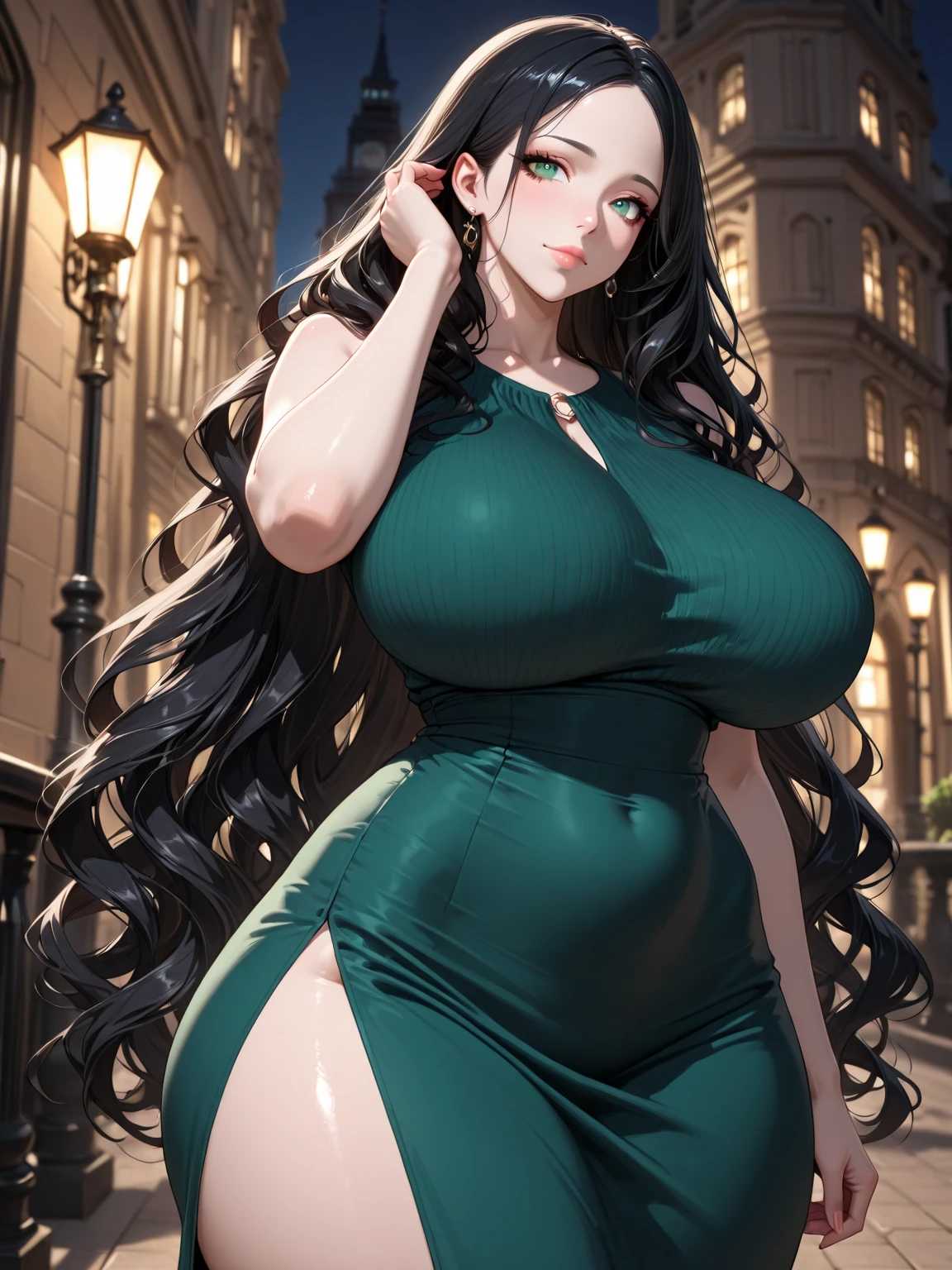 ((best quality)), ((masterpiece)), (detailed) , ((anime)), Girl, ((gigantic breasts)), long weawy hair, in the livingroom, earrings, beautiful detailed, green eyes, full body view, black nightdress, fishnets