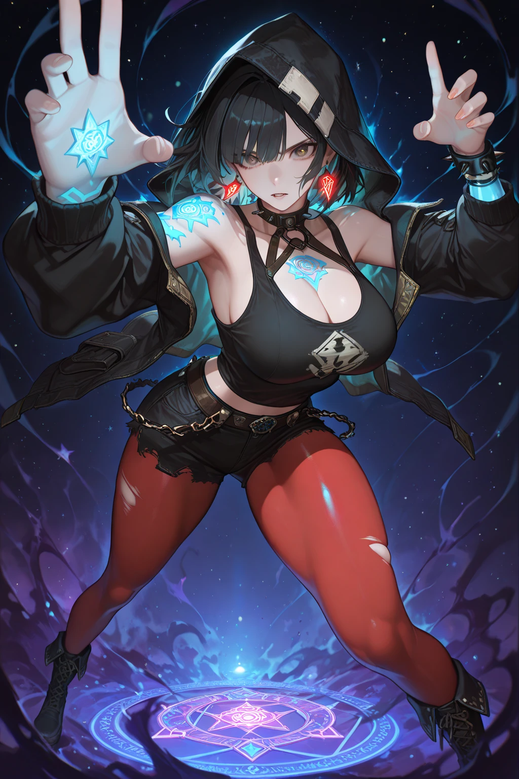 Wolfie, girl1, solo, cowboy shot, full body view, blue hair, smiling, black leather pants, spirals, yellow eyes, ears, earrings, spike caller, serious look, lightning hands, glowing veins, electric power, glowing hands, electric hands