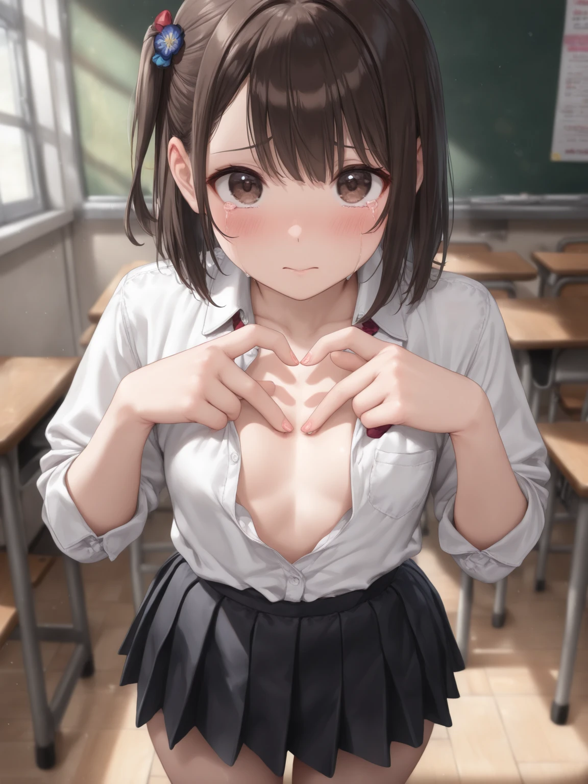((masutepiece, Best Quality, hight resolution, nffsw, Perfect Pixel, 4K, nffsw, nffsw))), 1girl in, Single, Solo, Beautie、full body seen、 ((Short Wave Hair, Bangs, Brown hair)), ((Brown-eyed, Beautiful eyelashes, Realistic eyes)), ((Detailed face, Blushing:1.2)), ((Smooth texture:0.75, Realistic texture:0.65, Photorealistic:1.1, Anime CG style)), medium breasts, Dynamic Angle, Perfect body, ((red bowtie, School uniform, , White shirt, Black skirt, plaid skirts))、train station stairs、Windy、Very embarrassing panic smile、turned around、I can see her ass sticking out in front of me......、Looking up from the bottom of the stairs、 (The wind pulled up my skirt、Touch the skirt with both hands、、You can see all the buttocks、Pink floral panties)、