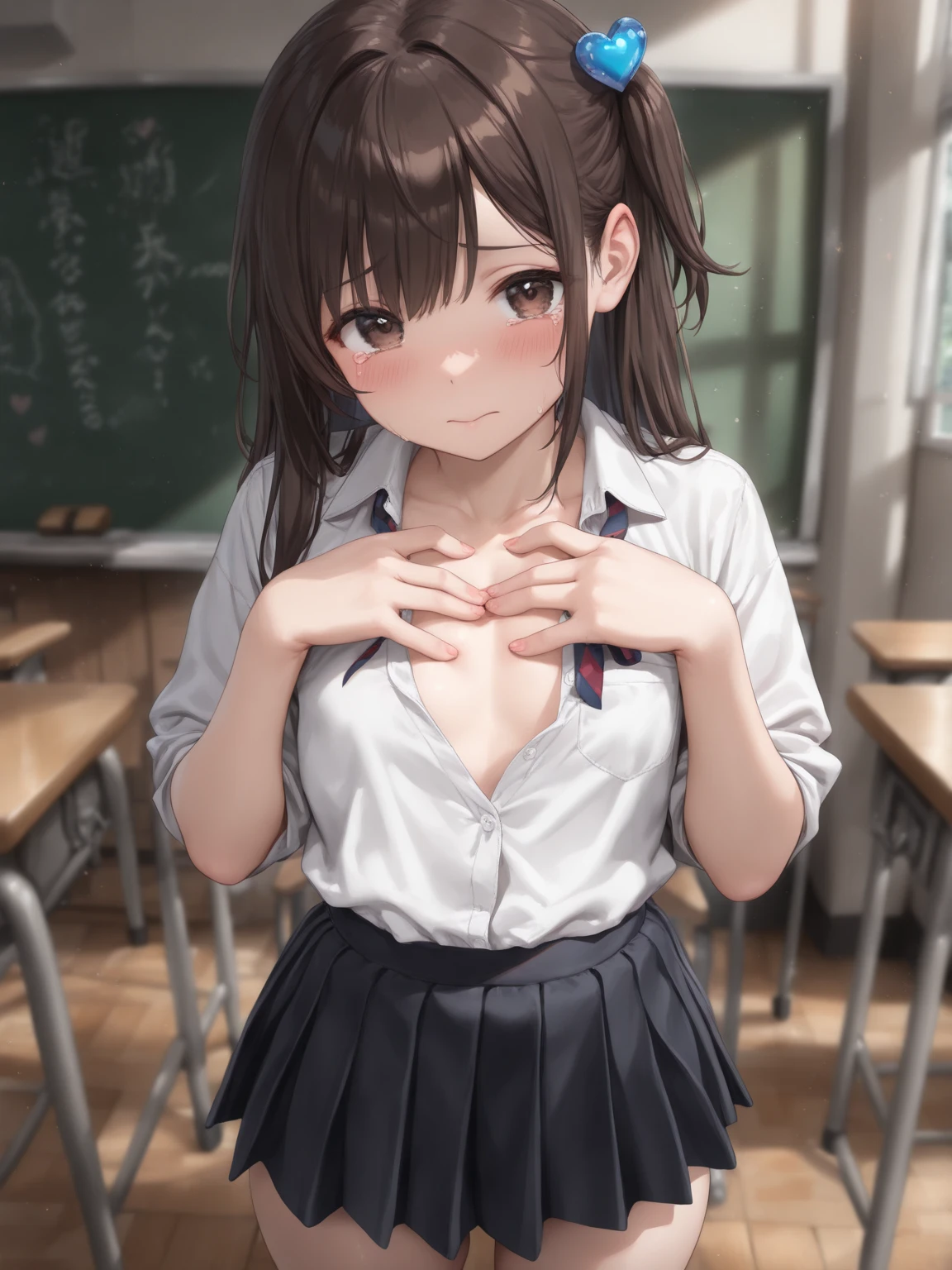 best quality,((((1girl)))),flat chest,((((10 years old:1.3)))))),curvy,((orgasm,blush,ahegao,saliva,saliva trail:1.3)),tongue out,sweat,black hair,long hair,hair ribbon,((t-shirt,blue skirt:1.1)),mini skirt,classroom,lift skirt,upskirt,lace panties,white panties,white kneehighs,Tachibana Arisu,dildo Under panties
