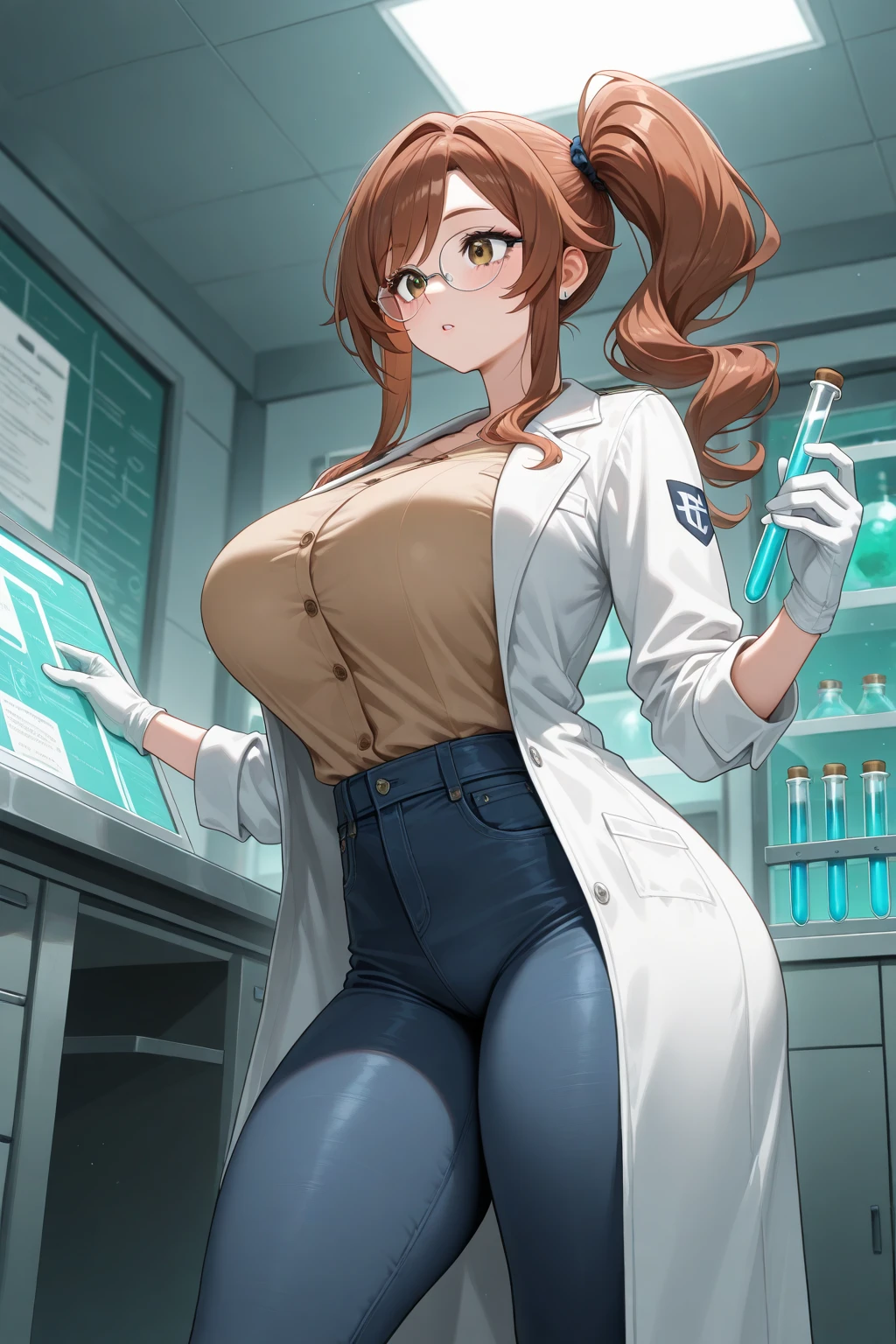 (High quality, High resolution, Fine details), Realistic, scientists, wearing glasses, research lab, white lab coats, test tubes, microscope, lab equipment, scientific instruments, solo, curvy women, sparkling eyes, (Detailed eyes:1.2), smile, blush, Sweat, Oily skin, shallow depth of field