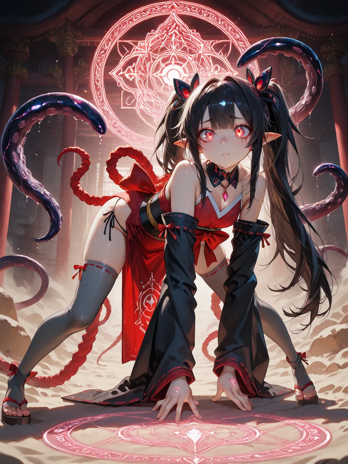 (((2 girls, master and slave))), ((Master standing behind her slave, slave on her knees, slave between master's legs, slave on a leash, slave hands bound by tentacles)), ((bdsm)), big breast, obidient, long hair, ponytale, sexy, ((many tentacles)), angle from below, perfect composition, highly detailed