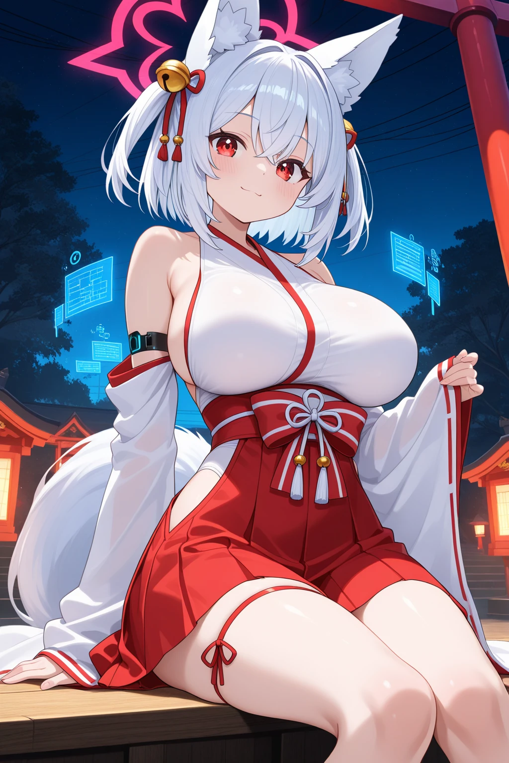masterpiece:1.2, High resolution, Anime Style, nsfw, Japanese Room, Subjective, Face Enhancement, One fox female, Yellow Eyes, White beard, White fox ears, White fox tail, stand, Spread your arms, blush, Estrus, smile, Sticking out tongue, ((huge breasts:1.4)), Curvy Body, Hami Breasts, miko costume, sleeveless, Hakama, Long-sleeved kimono, White Stockings, Micro Bikini, Thong,