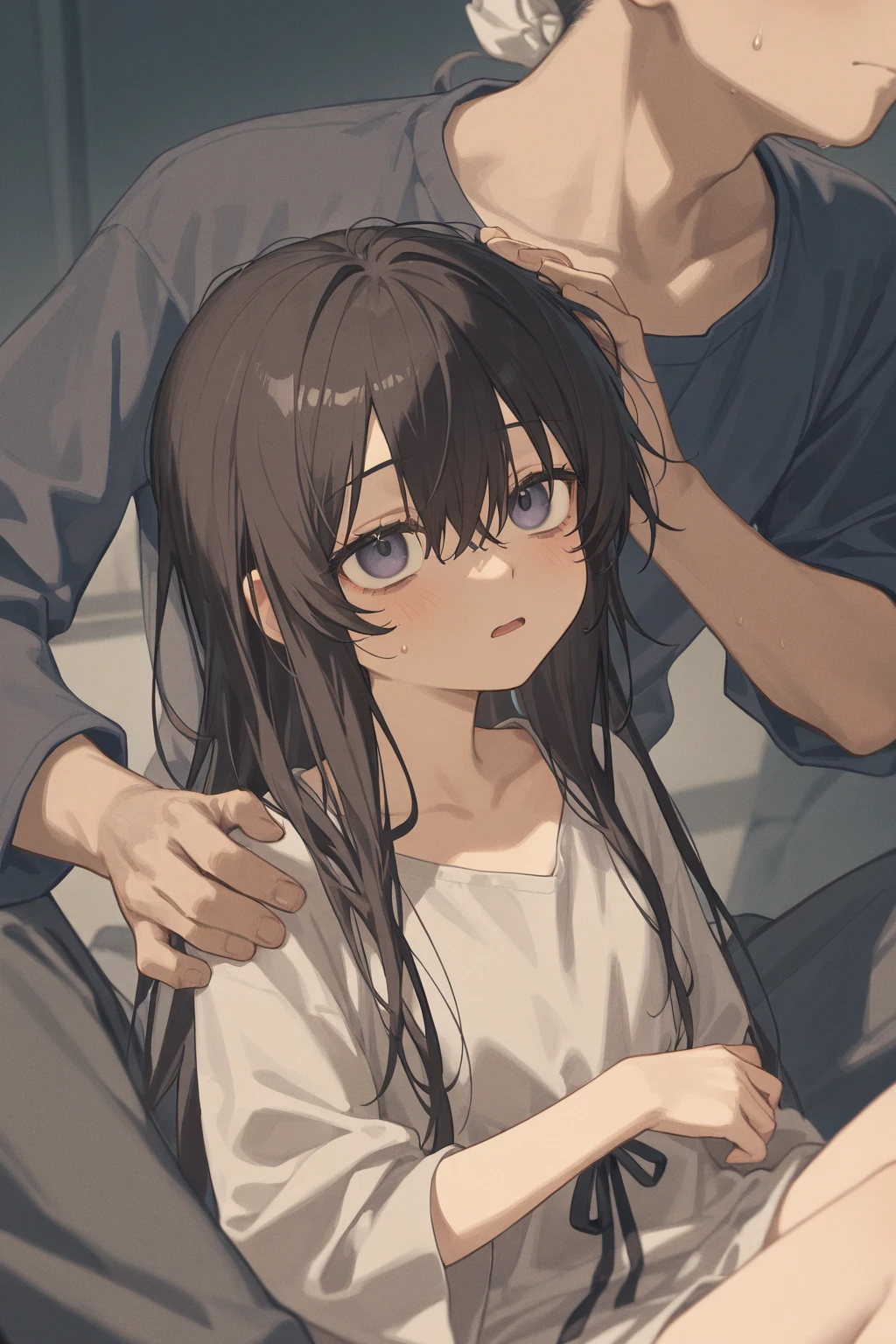 naughty and perverted girl, being caressed on the face by a male hand