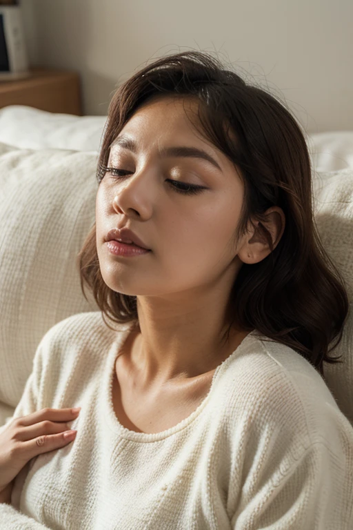 masterpiece, Best image quality, high quality,(Super detailed), (wallpaper), (Details face),(Photo from the waist up:1.3)、Japanese、Close your eyes and look upwards、tilt your head back、say ah、Open your mouth wide、Upper Body、Hands and arms、indoor、Short Hair、Brown Hair、flat chest、 neat woman, natural beauty、 light makeup 、Beautiful woman, pain, Soft lips, Broke up, blush heavily, smile, White T-shirt, Small breasts, Perfect body