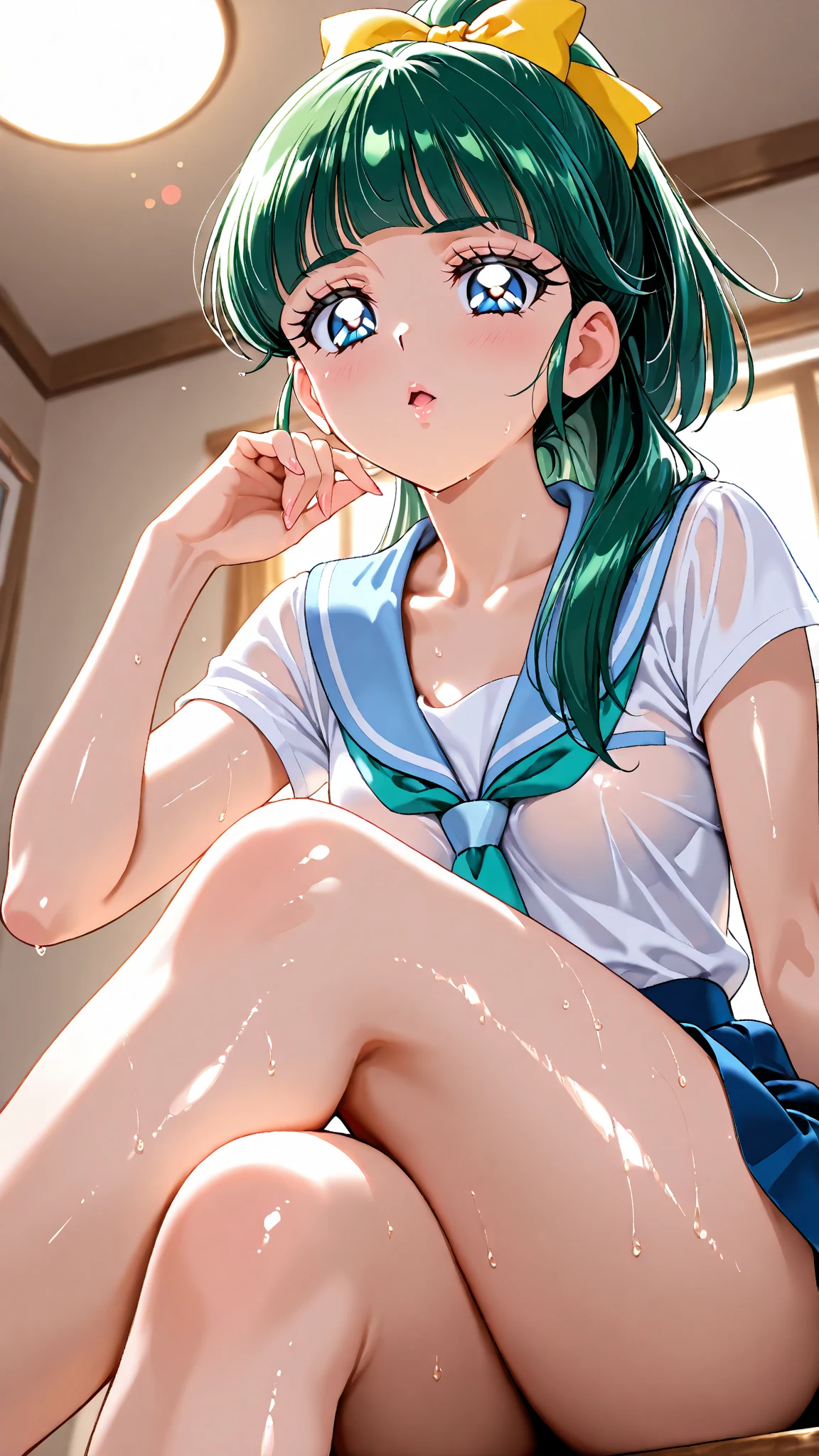 Sailor Neptune、Sailor Neptune Costume、embarrassed from、Sitting on the floor and opening legs、opens legs、full of sweat、Wearing sweat、M-shaped legs、panties small、Wearing sweat、full of sweat、 Ejaculation on the thigh、
