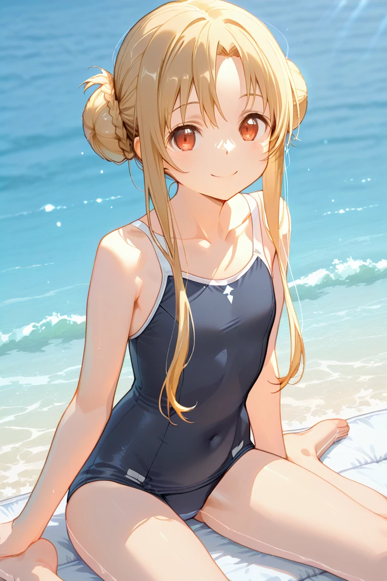 Cute little beautiful girl、Young face、Big Breasts、School swimsuit、A sweet and adorable blush、Beautiful Eyes、Brown skin、Braid、enema