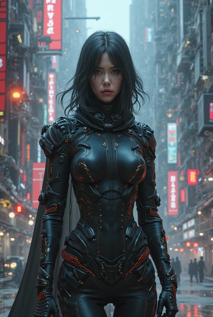  Please create the image below。Beautiful black hair woman、he stands with a nervous expression.。Wearing metallic black combat uniform.、Around her waist, She wears a belt with blue round gems embedded in it.。In the background of the woman there is a small black spaceship.。The shape of the spaceship is a triangle.、made of very hard metal。A woman is standing、City area turned into a pile of rubble