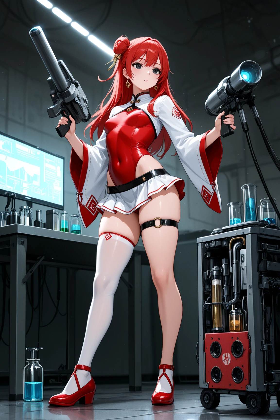 (high resolution) , (best qualityer),(4 k image),(detailedeyes),(body detailed). 1 girl, big red hair,smallbreast, dressed as crazy scientists,doing experiments.