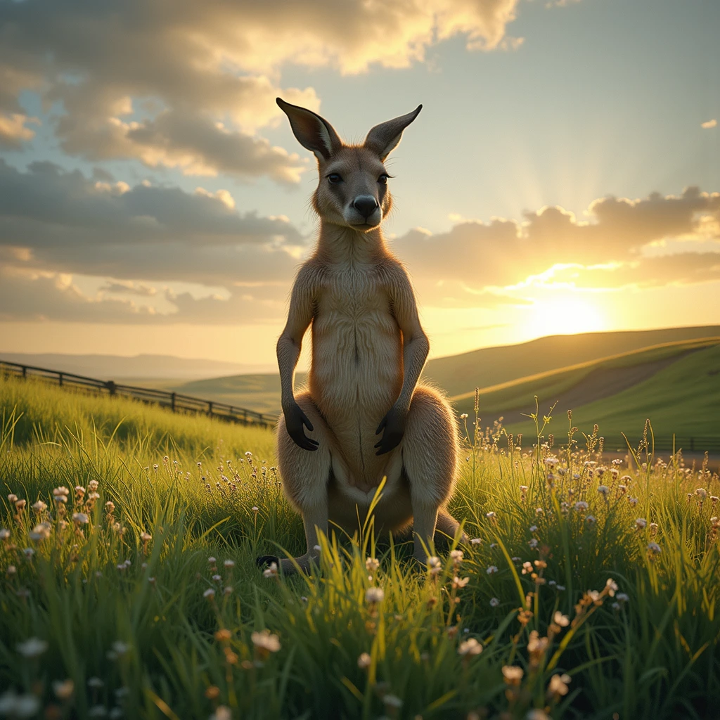 araffe in a blue underwear standing in a field of flowers, subject : kangaroo, subject: kangaroo, spy kangaroo, kangaroo, pete davidson walking a kangaroo, on a hot australian day, kangaroos, ๐ as ๐ as ๐ค as ๐ฝ as ๐ณ, in australia, australian, by Glen Angus, chasing a kangaroo, australian bush, ๐๐, awesome