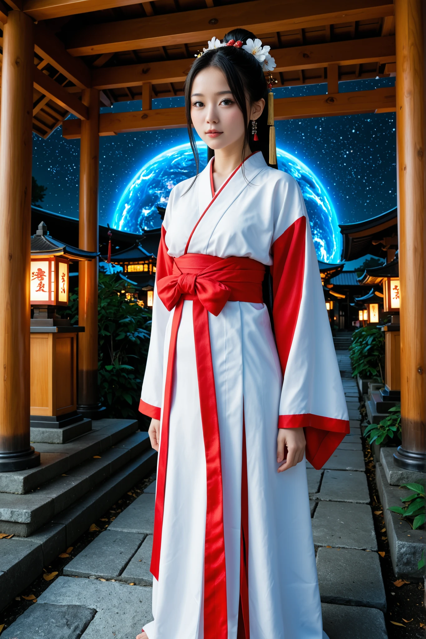 Japanese Cyber ​​Shrine Maiden in Cyberspace