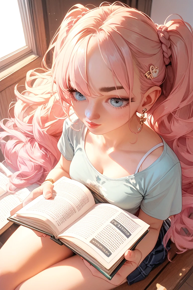 a cute little girl, pink lips, wearing a bright white shirt, in the style of the soft aurorapunk color palette, an anime illustration of her face, animated gifs, hand-drawn animation, charming sketches, soft and bright, hazy romanticism, superplane style, white--air background 1:1--niji 5--expressive style, plus size, big hips, big thighs, big ass, pretty face, romantic, Plus size, chubby, big hips, big waist, big thighs, long hair with curled tips, pale skin, freckles, strawberry blonde, blue eyes, big eyelashes, big lips, flowers, books, full body image, beautiful dress