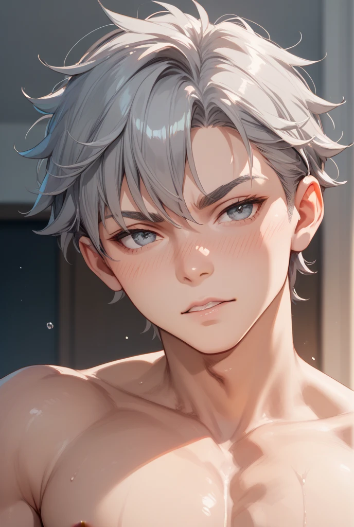 (absurdres, highres, ultra detailed, HDR), masterpiece, best quality, a boy, 10 yo, solo, handsome, short hair,spiky hair, white hair, blue eye, finely eye and detailed face, real shadow, topless, full body, white towel around his waist, home style muji, on bathtub, mood alone