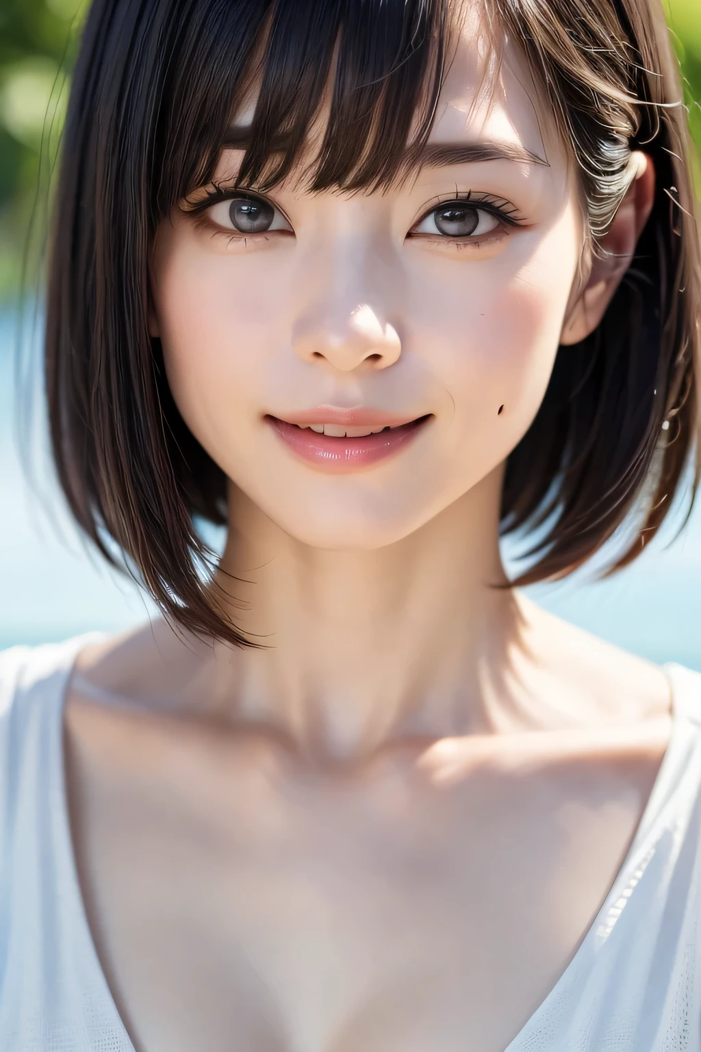 女の子1人、top-quality、realisitic、report、depth of fields、natural soft light、during daytime、魅惑的、beauitful face、Cleanliness、Pure face、de pele branca、cute hawk hair、bangss、the beach、rays of sunshine、Nedium Breast Body Esbian、((Beautiful face with sweater golden ratio Beautiful face with symmetry))、long neck、Put your ears out、bangssのあるきれいな短いボブヘア、Smile with your mouth closed:1.4、Smile with your mouth closed:1.4、perfect hand指、perfect hand、Perfect body、face perfect、Shine a light into the eyes、Perfect Anatomy:1.4、very cute super model:1.4