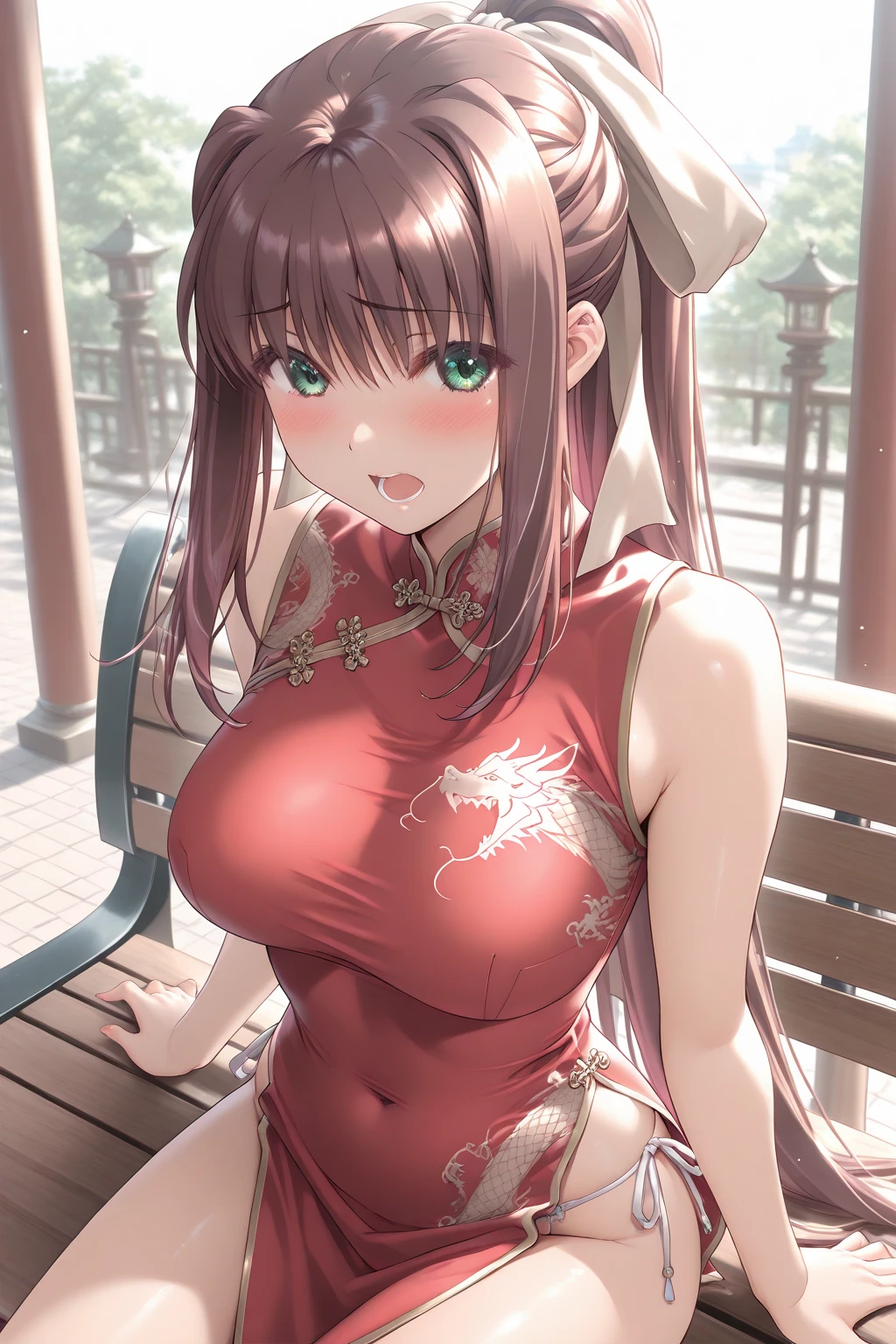 (High quality, High resolution, Fine details), peonies in full bloom, lush garden backdrop, multicolor Chinese dress, body-hugging silhouette, gorgeous silk fabric flowing, painted and embroidered patterns, delicate floral motifs, elaborate golden embroidery, lustrous texture, adorned with a flower hairpin, solo, curvy women, red hair cascading down, sparkling eyes, (Detailed eyes:1.2), smile, blush, Sweat, Oily skin, soft natural lighting, shallow depth of field