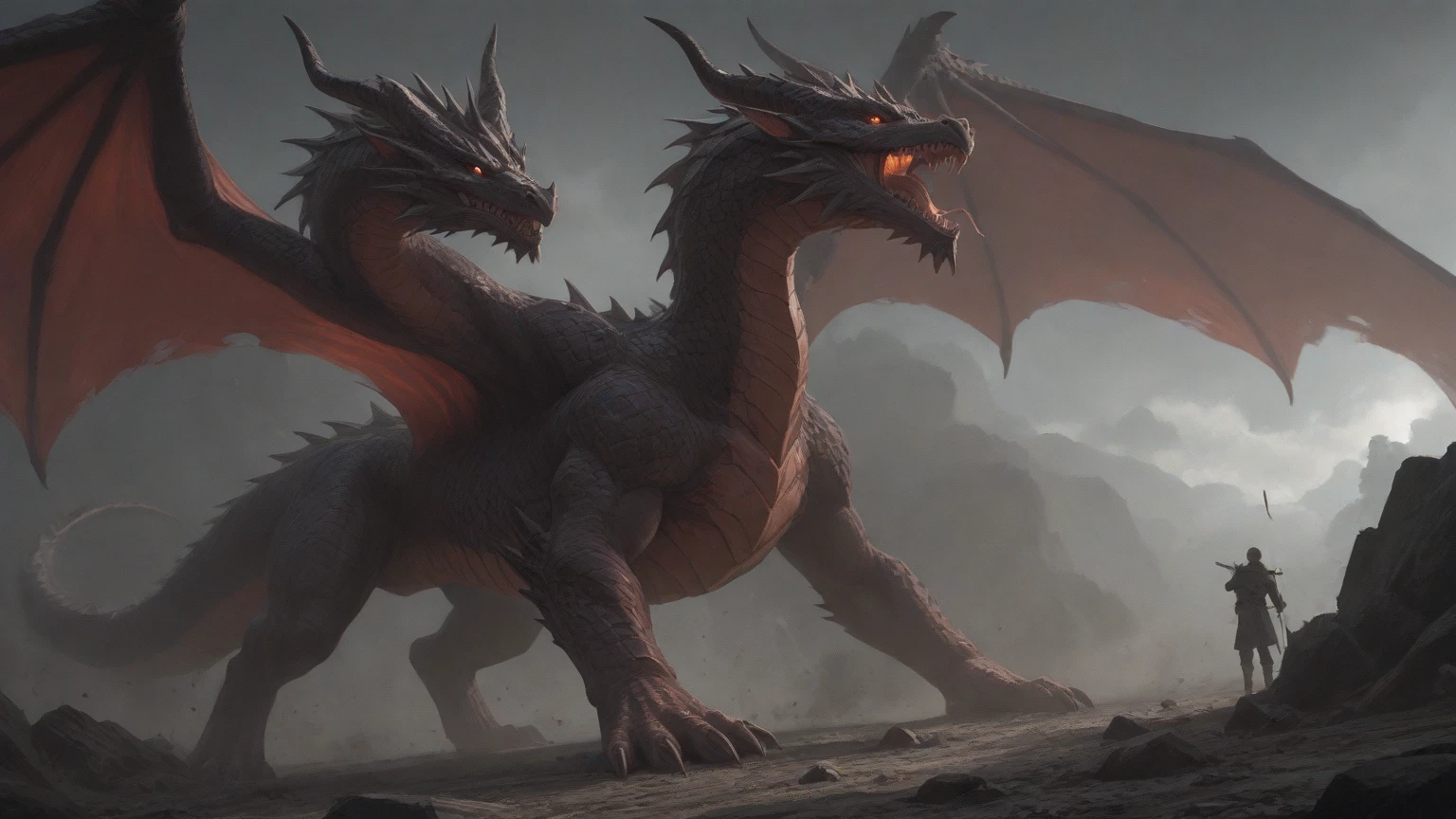 a monstrous medieval dragon, tentacles, horror, night, dark environment, darkness, fog, blood