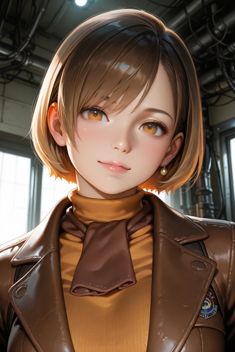 A close up of a woman with a brown jacket and a necklace - SeaArt AI