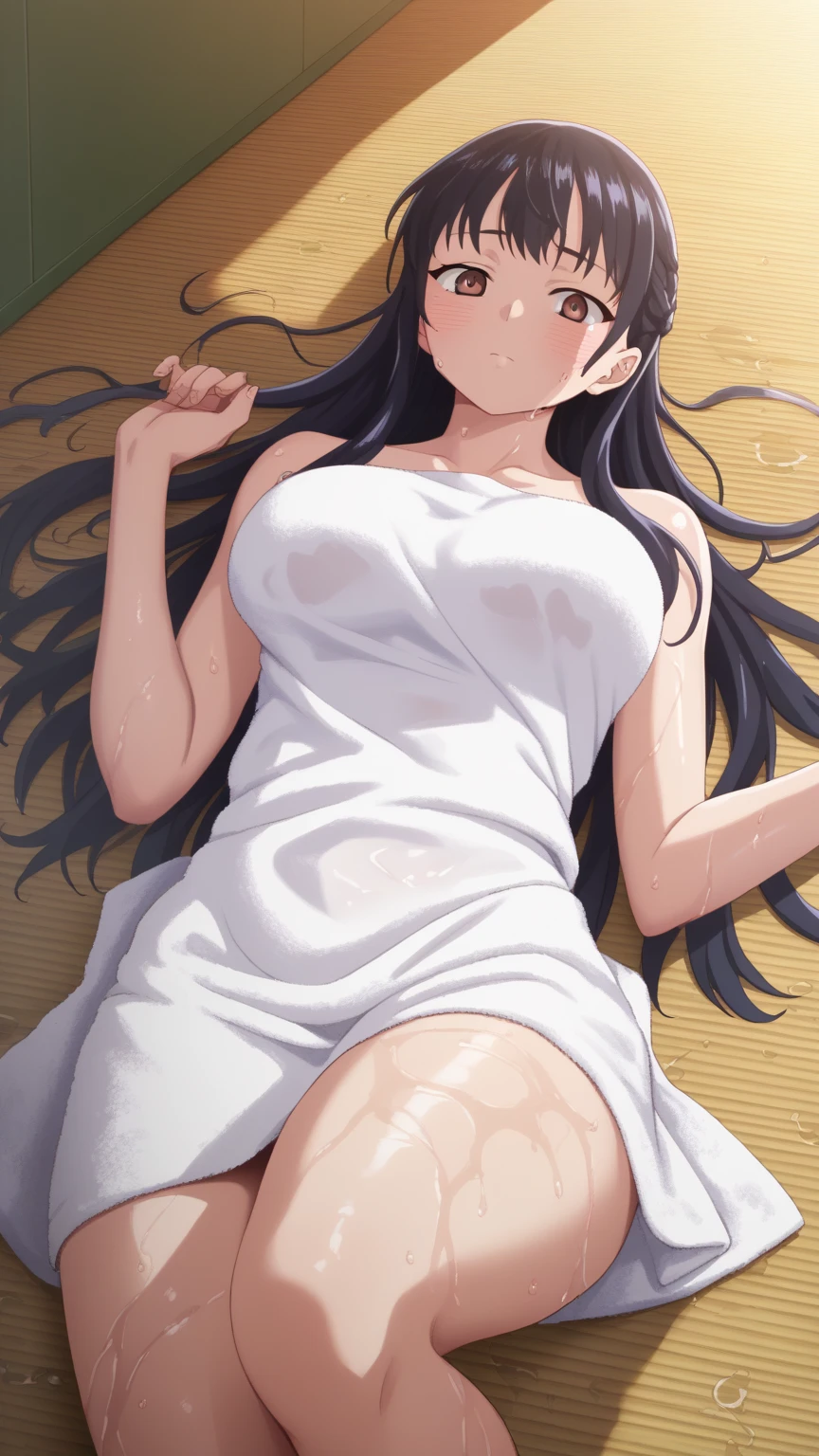 masterpiece, best quality, 1 solo girl, black hair, violet eyes, wavy hair, long hair, medium breasts, mature body and face, white Greek tunic, jewelry, hair ornament, earrings, tatami, night sky, cowboy shots, sexy pose, dakimakura, detailed body, face, and eyes, sharp focus, vibrant, creative, dynamic, high definition, high resolution, 8k, (Upscale: R-ESRGAN 4x+ Anime6B), (Image enchance:4x), voluptuous body, lying in the bed