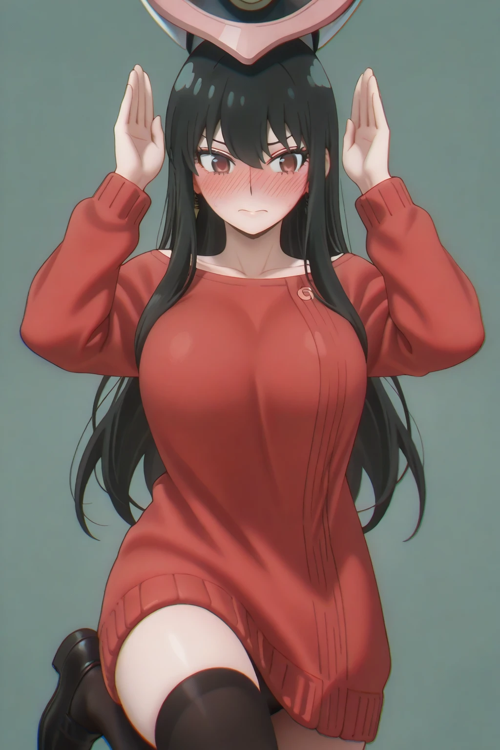(((Long black Beautiful Hair))),blacks hair,kawai,(((Eyes visible from bangs,hair over eyes:1.3))),,Huge breasts,(Yellow color eyes),,(yellw slanted eyes),1girl in,bangs,longs black hair, (white background) (using dark red sweaters, sweater models, off-the-shoulder sweaters), ((Don't wear any pants because the bottom fabric of the sweater is long from the sides to the middle of the thigh)) the curve of her thighs is visible, ((long straight hair)),((The pose of the right hand above the chest, the pose of the left hand hanging down the fingers must be perfect)) (long sweater sleeve covers the back of the hand) image as per tag, Standing body position facing the left side, Bare thighs , boochi the rock , hitori gotoh , pink hair , 