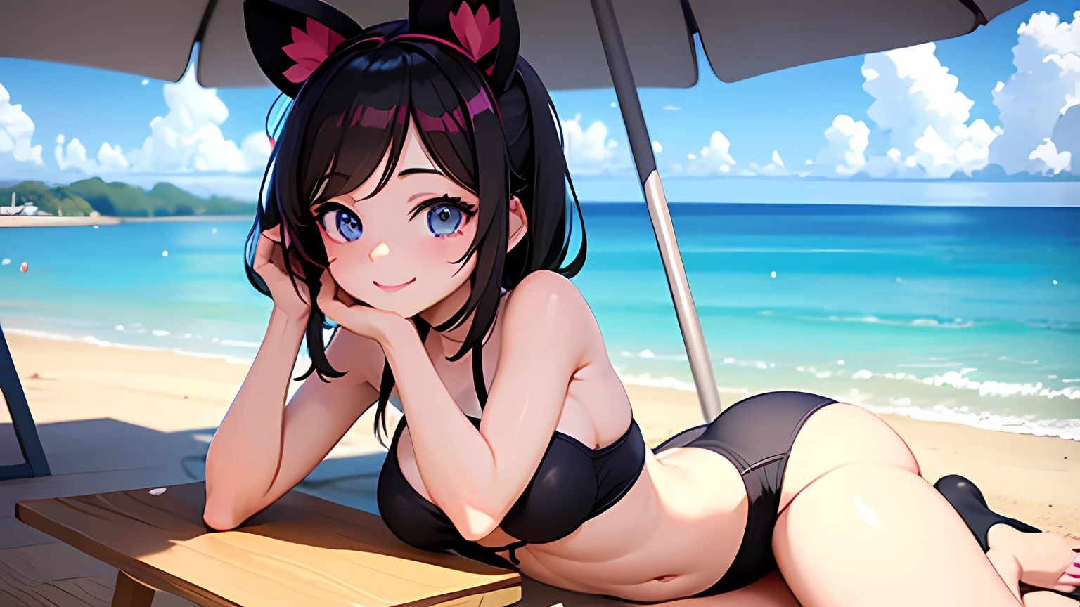 (masterpiece:1.1), (high resolusion:1.2), (illustration:1.05), (ultra detailed 8k art:1.05), (finely detailed beautiful eyes), perfect face, bright pupils, lustrous skin, 1girl, <lora:KeiryVtuber-10:0.7> KeiryVtuber,horse ears,(horns:1),streaked hair,multicolored hair,ahoge,blue eyes,brown hair, bikini, beach background, smile, medium breast,sitting on a chair, ,blushed, spoken heart,