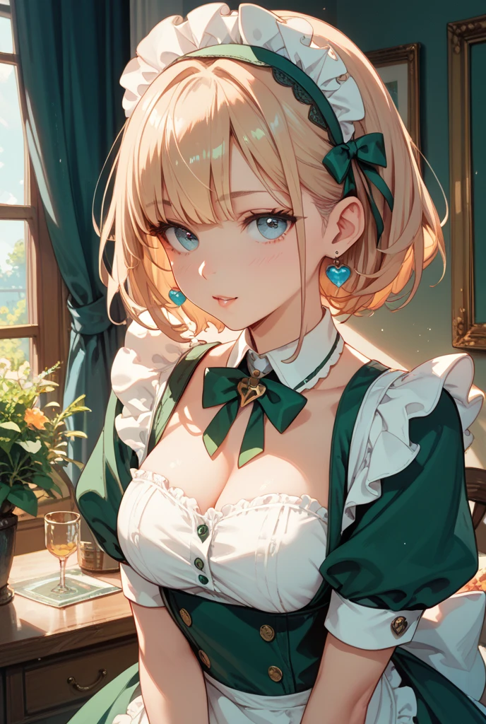 (Best quality, 8k, 32k, Masterpiece, UHD,:1.2),RAW, human, 1girl,ultra cute , ultra cute, natural lighting, transparent shining eyes, 20yo, medium breast ,femur, fair complexion , flushed face, ,Homemade Country Dress,long-sleeved dress in muted colors, Handmade apron for practicality and style, sturdy fabrics like cotton, Happily Smiling, ((wariza)), on sofa, emerald green, From above, Closeup shot, Cleavage Cutout, blonde ponytail
